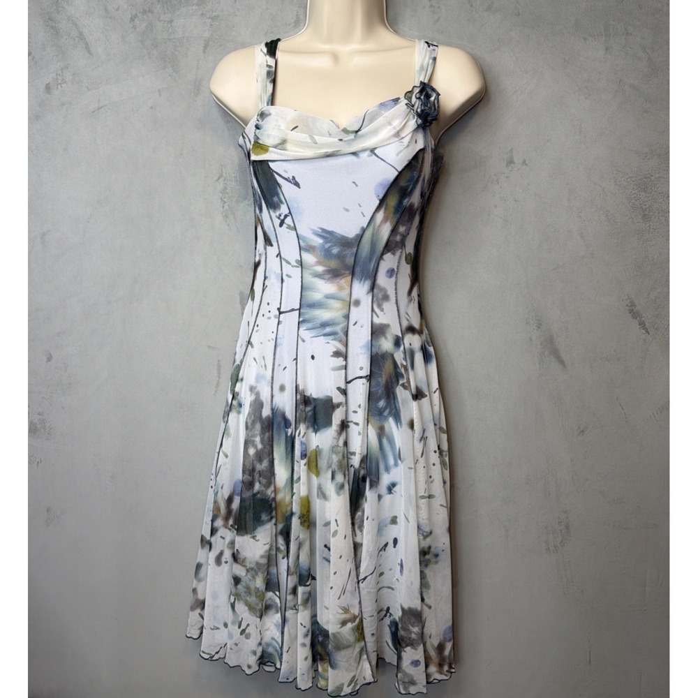 Unbranded Women S Floral Mesh Fit Flare Dress White Blue Asymmetrical Y2K